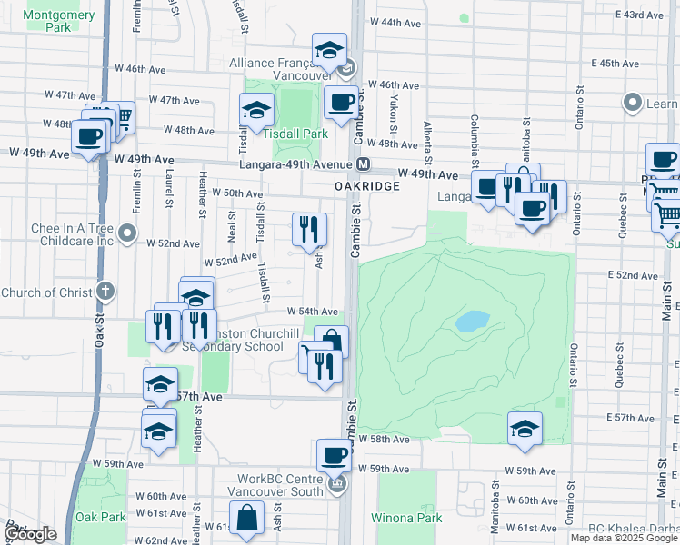 map of restaurants, bars, coffee shops, grocery stores, and more near 6859 Cambie Street in Vancouver