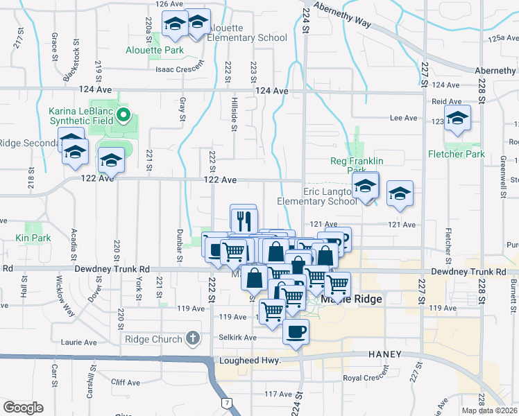 map of restaurants, bars, coffee shops, grocery stores, and more near 12133 223 Street in Maple Ridge