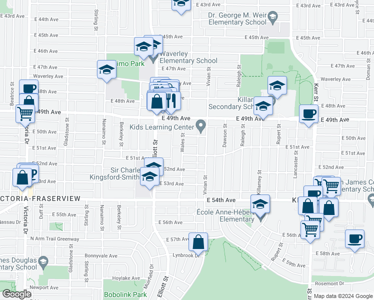 map of restaurants, bars, coffee shops, grocery stores, and more near 2725 East 51st Avenue in Vancouver