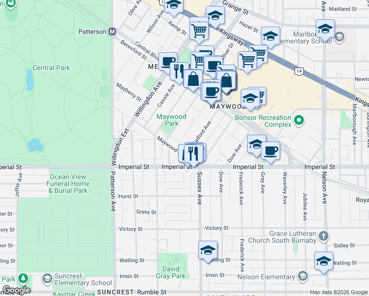 map of restaurants, bars, coffee shops, grocery stores, and more near 6669 Telford Avenue in Burnaby