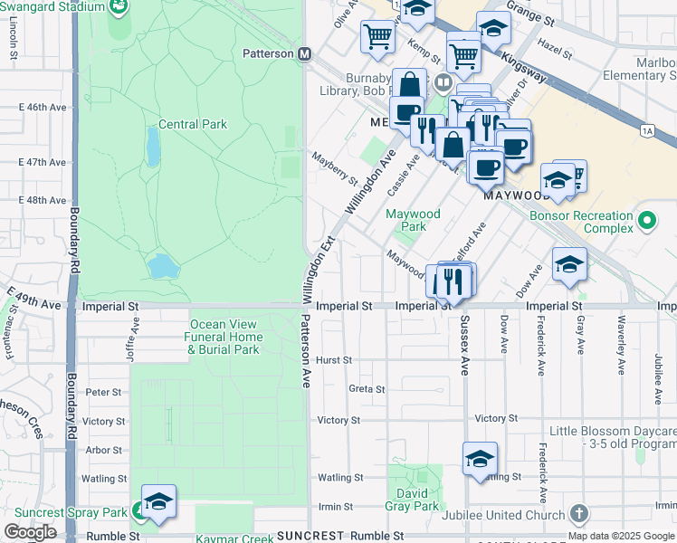 map of restaurants, bars, coffee shops, grocery stores, and more near 6689 Willingdon Avenue in Burnaby