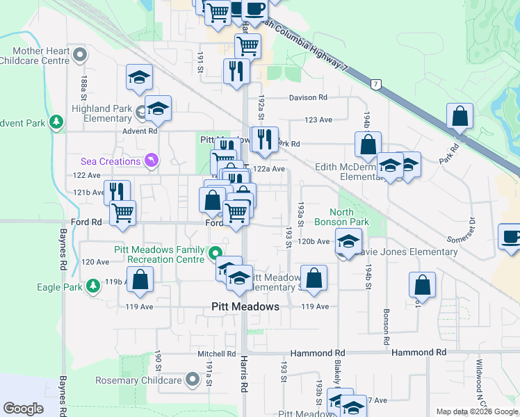 map of restaurants, bars, coffee shops, grocery stores, and more near 12130 Harris Road in Pitt Meadows