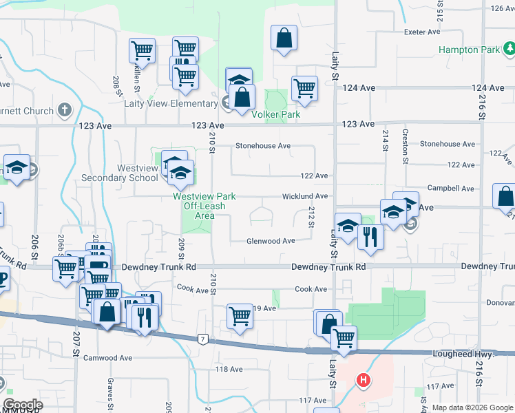 map of restaurants, bars, coffee shops, grocery stores, and more near 12101 Schmidt Crescent in Maple Ridge
