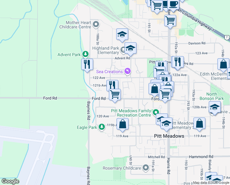 map of restaurants, bars, coffee shops, grocery stores, and more near 18940 Ford Road in Pitt Meadows