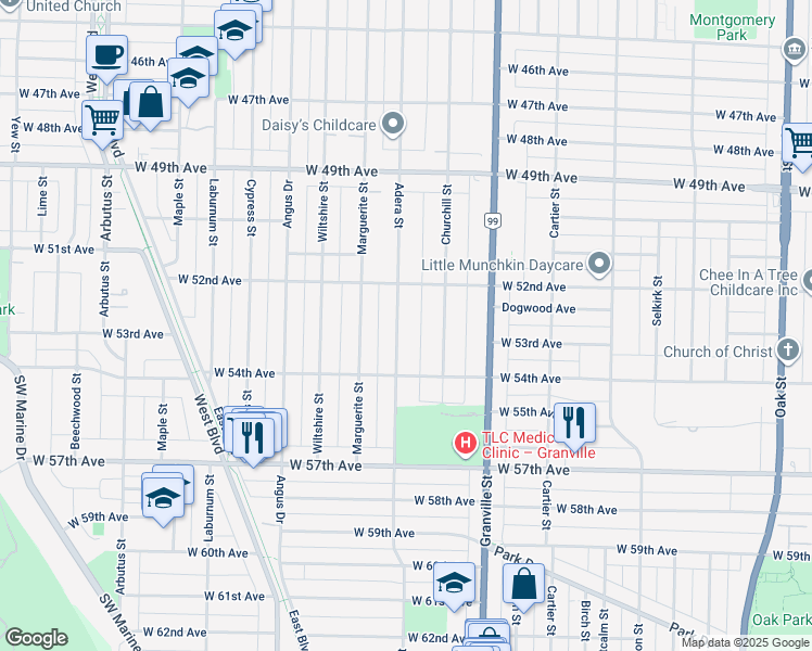 map of restaurants, bars, coffee shops, grocery stores, and more near 6892 Adera Street in Vancouver