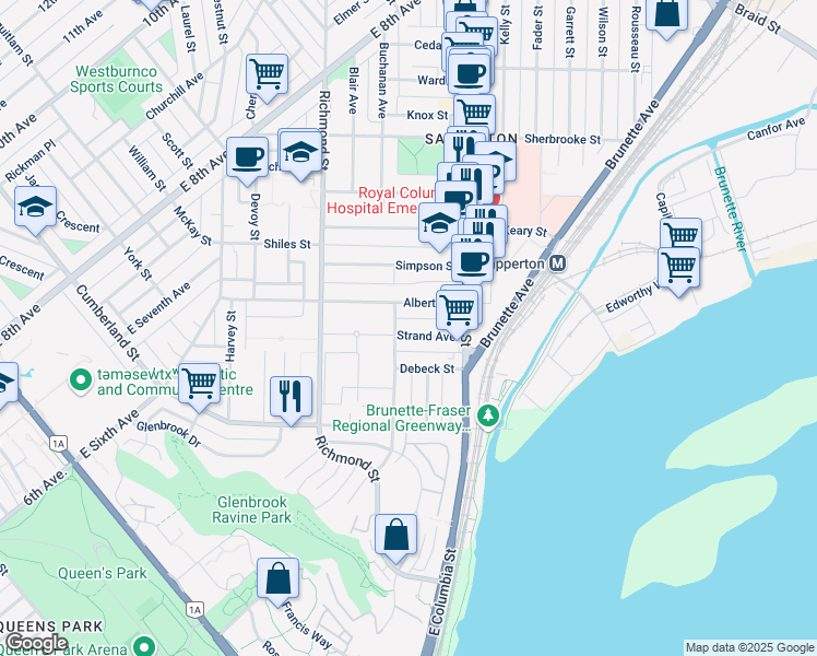 map of restaurants, bars, coffee shops, grocery stores, and more near 331 Strand Avenue in New Westminster