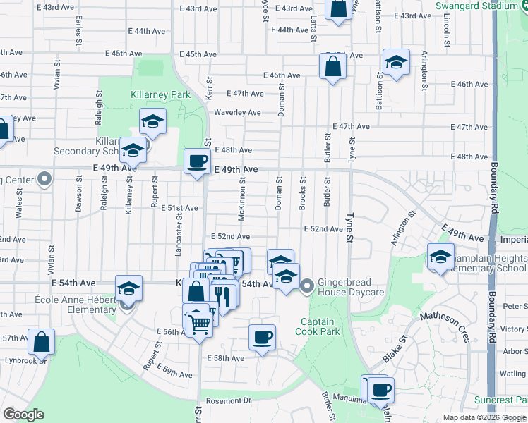 map of restaurants, bars, coffee shops, grocery stores, and more near 3257 East 51st Avenue in Vancouver