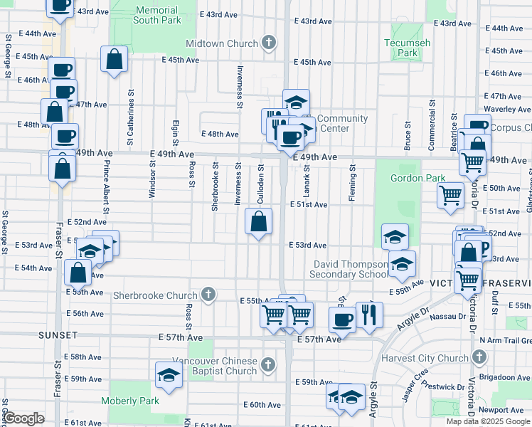 map of restaurants, bars, coffee shops, grocery stores, and more near 6740 Culloden Street in Vancouver