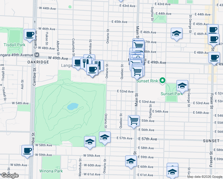 map of restaurants, bars, coffee shops, grocery stores, and more near 25 East 52nd Avenue in Vancouver