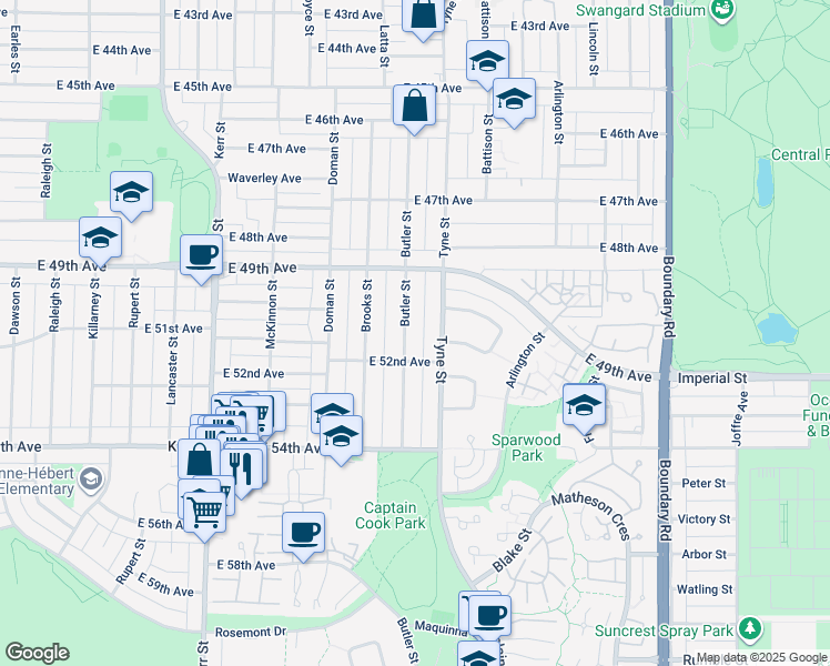 map of restaurants, bars, coffee shops, grocery stores, and more near 6656 Butler Street in Vancouver
