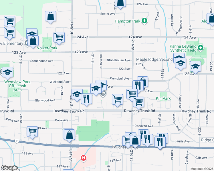 map of restaurants, bars, coffee shops, grocery stores, and more near in Maple Ridge