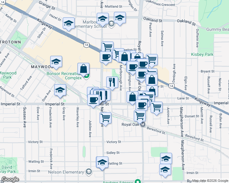 map of restaurants, bars, coffee shops, grocery stores, and more near 6700 Dunblane Avenue in Burnaby
