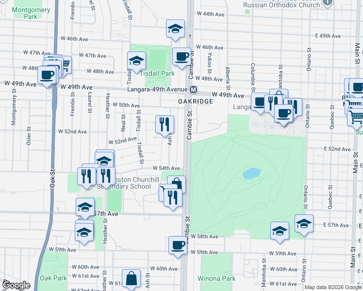 map of restaurants, bars, coffee shops, grocery stores, and more near 6859 Cambie Street in Vancouver