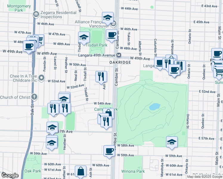 map of restaurants, bars, coffee shops, grocery stores, and more near 6859 Cambie Street in Vancouver