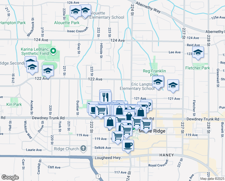 map of restaurants, bars, coffee shops, grocery stores, and more near 12143 223 Street in Maple Ridge
