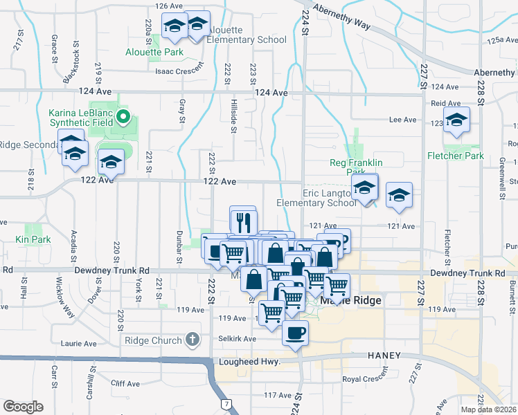 map of restaurants, bars, coffee shops, grocery stores, and more near in Maple Ridge
