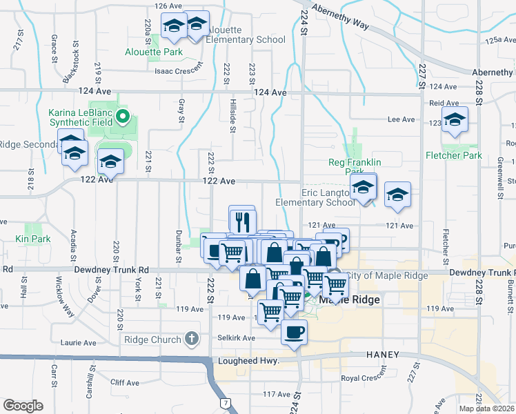 map of restaurants, bars, coffee shops, grocery stores, and more near 12143 223 Street in Maple Ridge