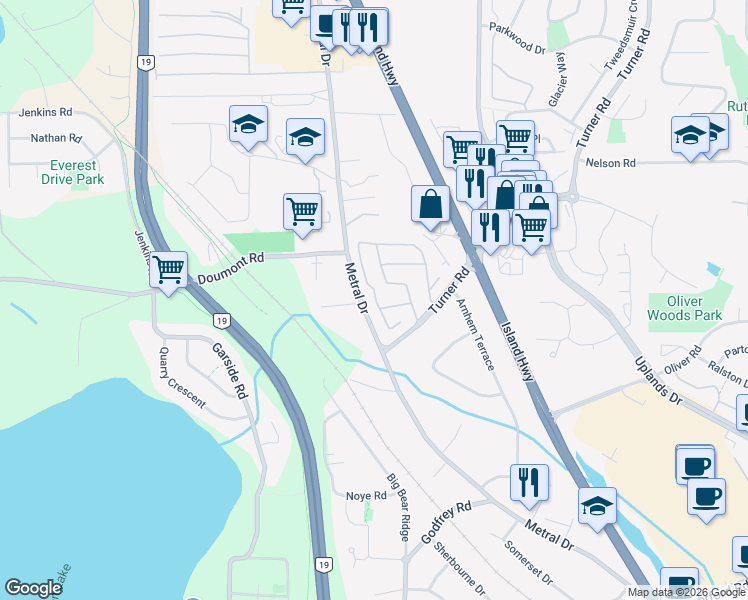 map of restaurants, bars, coffee shops, grocery stores, and more near 5885 Turner Road in Nanaimo