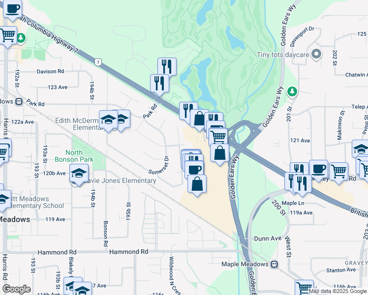 map of restaurants, bars, coffee shops, grocery stores, and more near 12150 Chestnut Crescent in Pitt Meadows