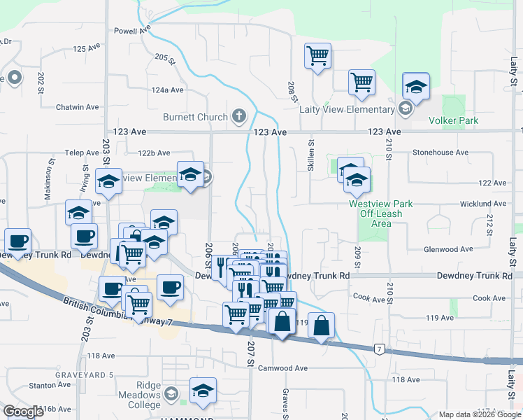 map of restaurants, bars, coffee shops, grocery stores, and more near 12145 207A Street in Maple Ridge