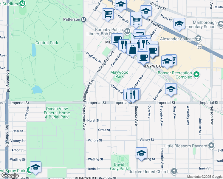 map of restaurants, bars, coffee shops, grocery stores, and more near 6630 McKay Avenue in Burnaby