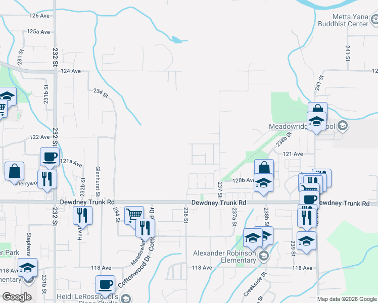 map of restaurants, bars, coffee shops, grocery stores, and more near 12161 237 Street in Maple Ridge