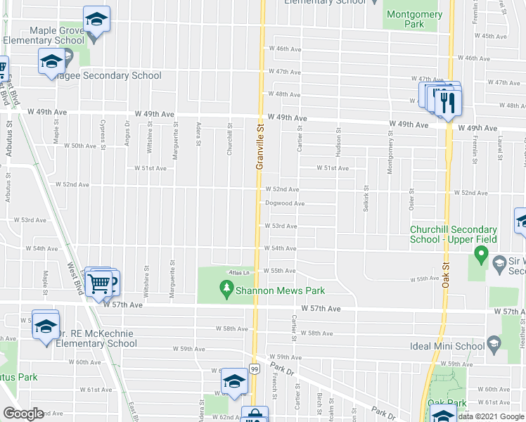 map of restaurants, bars, coffee shops, grocery stores, and more near 6930 Granville Street in Vancouver