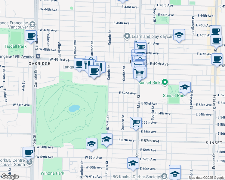 map of restaurants, bars, coffee shops, grocery stores, and more near 23 East 52nd Avenue in Vancouver