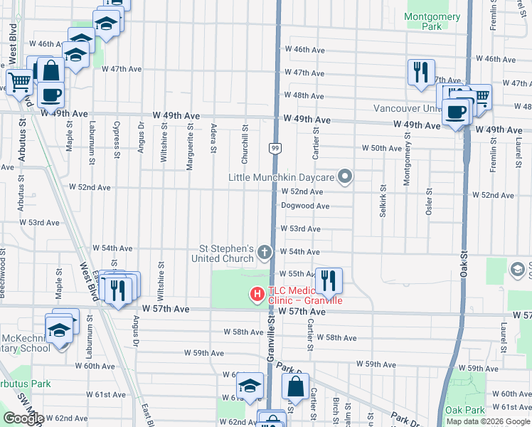 map of restaurants, bars, coffee shops, grocery stores, and more near 6875 Granville Street in Vancouver