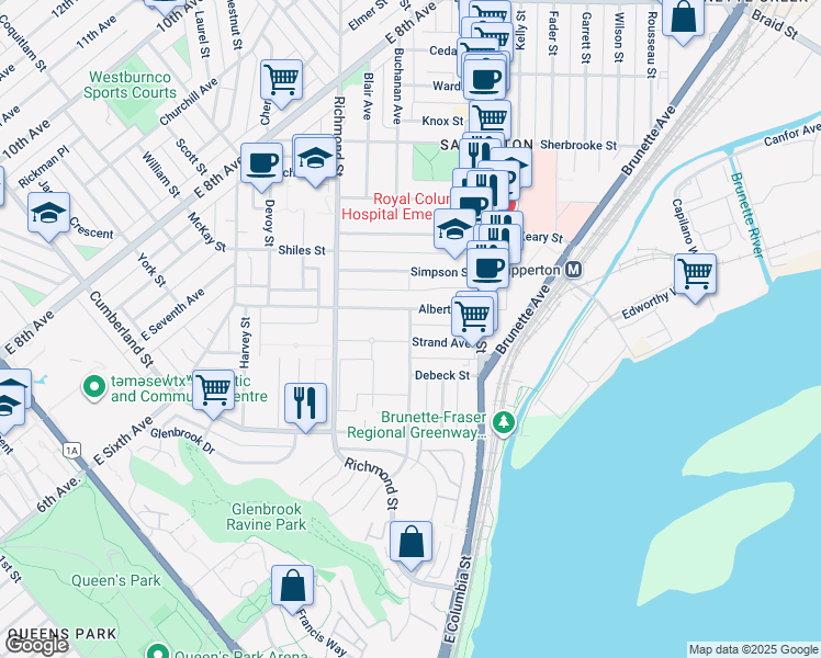 map of restaurants, bars, coffee shops, grocery stores, and more near 216 Miner Street in New Westminster