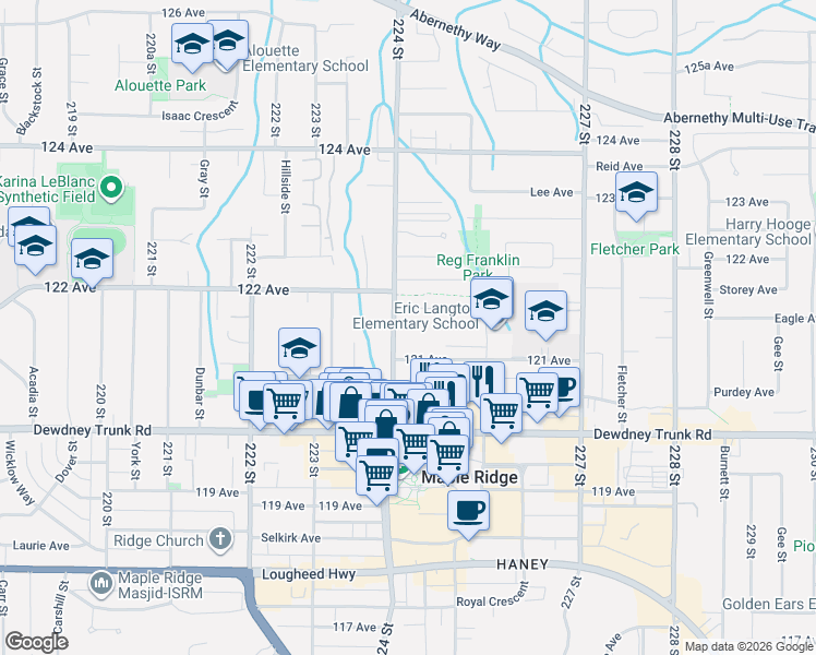 map of restaurants, bars, coffee shops, grocery stores, and more near 12148 224 Street in Maple Ridge