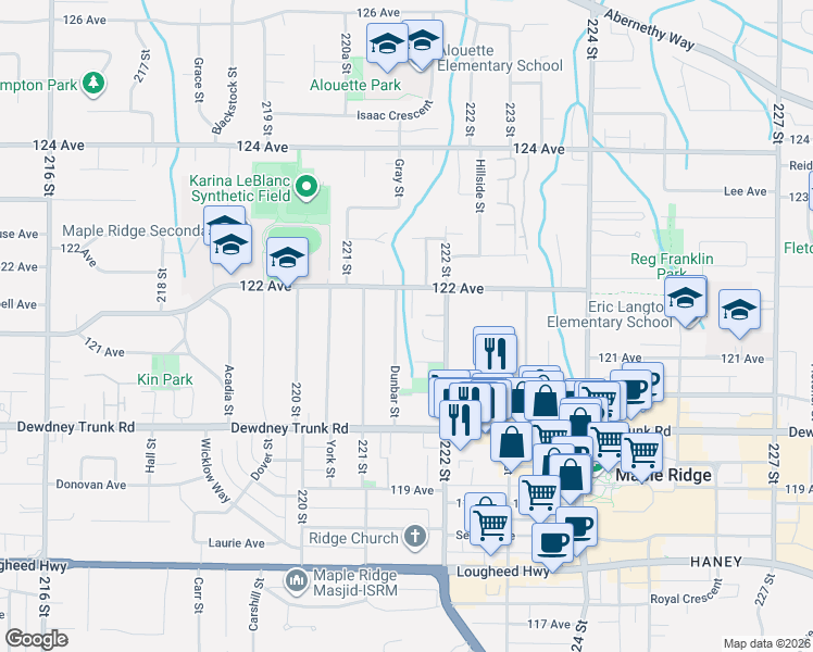 map of restaurants, bars, coffee shops, grocery stores, and more near 12138 Dunbar Street in Maple Ridge