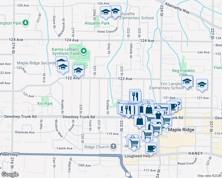 map of restaurants, bars, coffee shops, grocery stores, and more near 12106 Dunbar Street in Maple Ridge