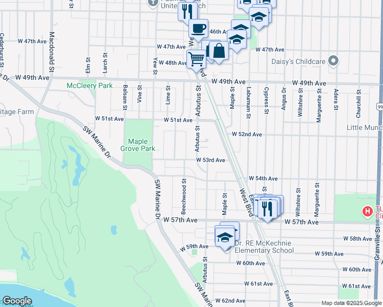 map of restaurants, bars, coffee shops, grocery stores, and more near 6879 Arbutus Street in Vancouver