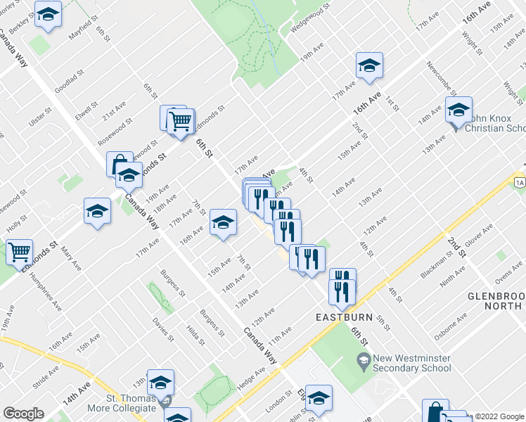 map of restaurants, bars, coffee shops, grocery stores, and more near 7908 Graham Avenue in Burnaby