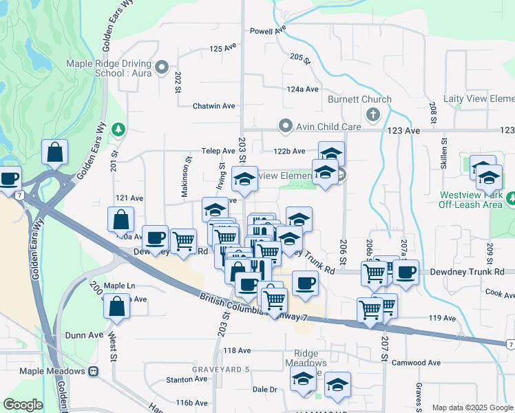 map of restaurants, bars, coffee shops, grocery stores, and more near 20388 Wicklund Avenue in Maple Ridge