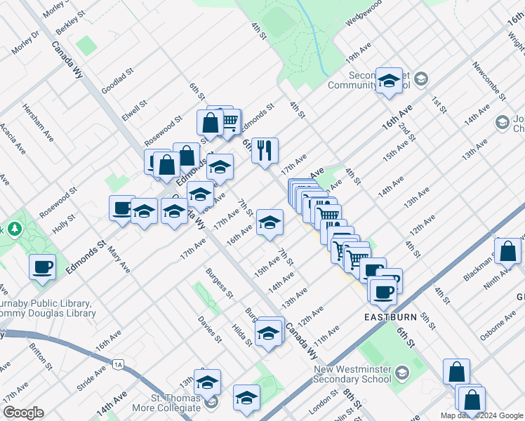 map of restaurants, bars, coffee shops, grocery stores, and more near 7533 7th Street in Burnaby