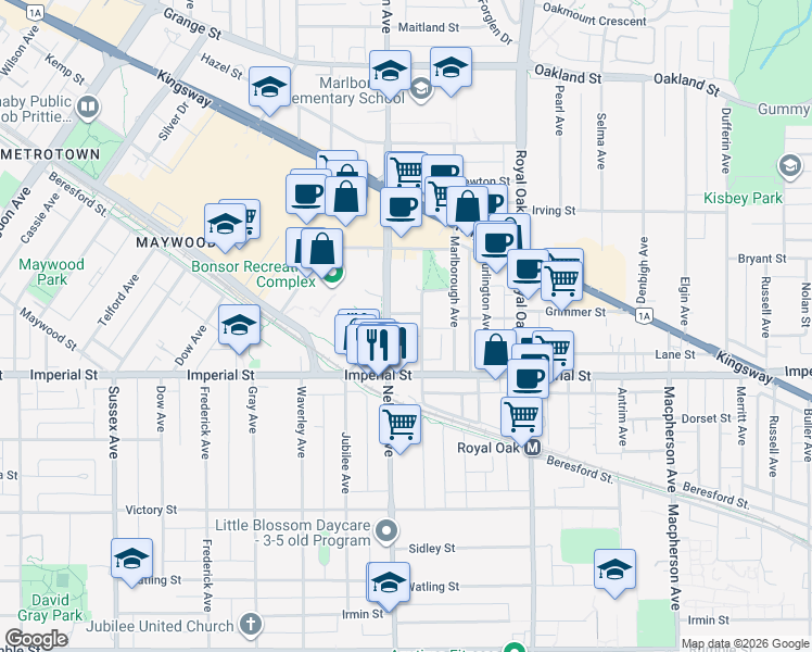map of restaurants, bars, coffee shops, grocery stores, and more near 6676 Nelson Avenue in Burnaby