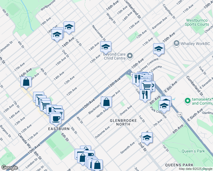 map of restaurants, bars, coffee shops, grocery stores, and more near 8167 10th Avenue in Burnaby