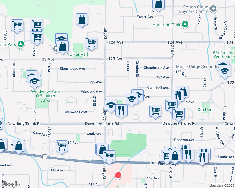 map of restaurants, bars, coffee shops, grocery stores, and more near 21323 121 Avenue in Maple Ridge