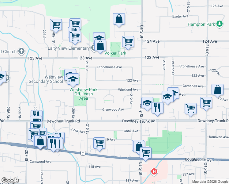 map of restaurants, bars, coffee shops, grocery stores, and more near 21134 Wicklund Avenue in Maple Ridge