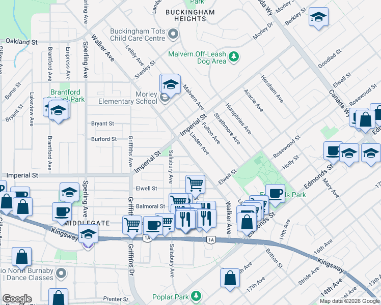 map of restaurants, bars, coffee shops, grocery stores, and more near 6678 Walker Avenue in Burnaby