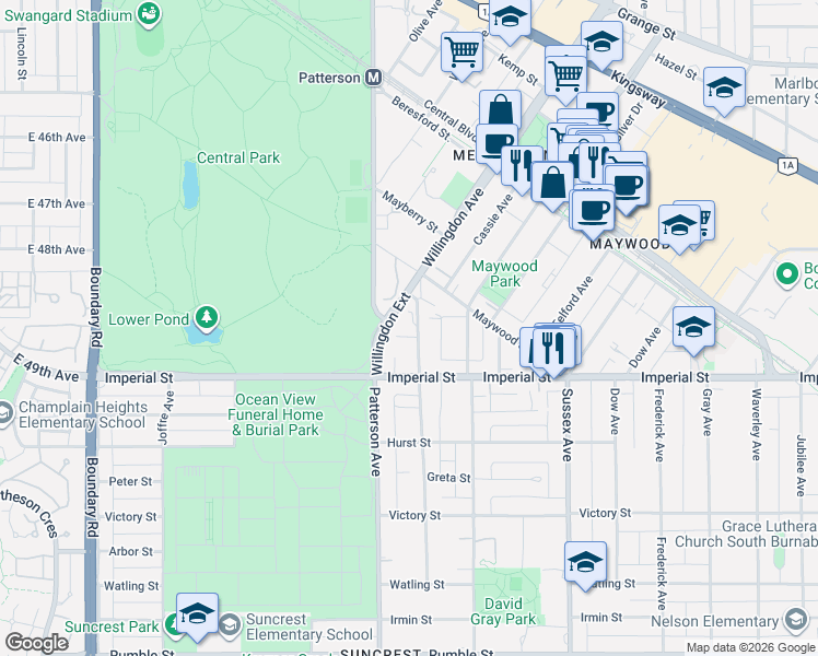 map of restaurants, bars, coffee shops, grocery stores, and more near 6595 Willingdon Avenue in Burnaby