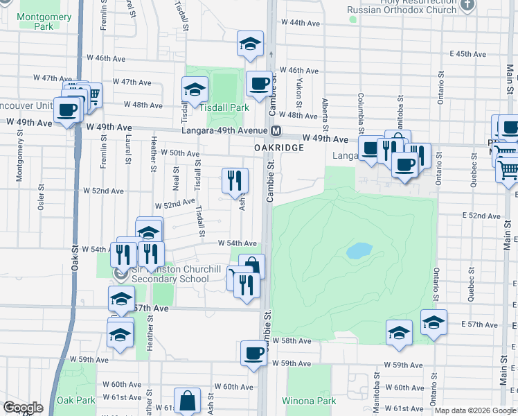 map of restaurants, bars, coffee shops, grocery stores, and more near 6829 Cambie Street in Vancouver