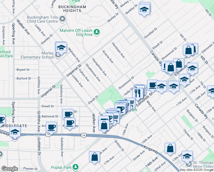 map of restaurants, bars, coffee shops, grocery stores, and more near 7433 Elwell Street in Burnaby