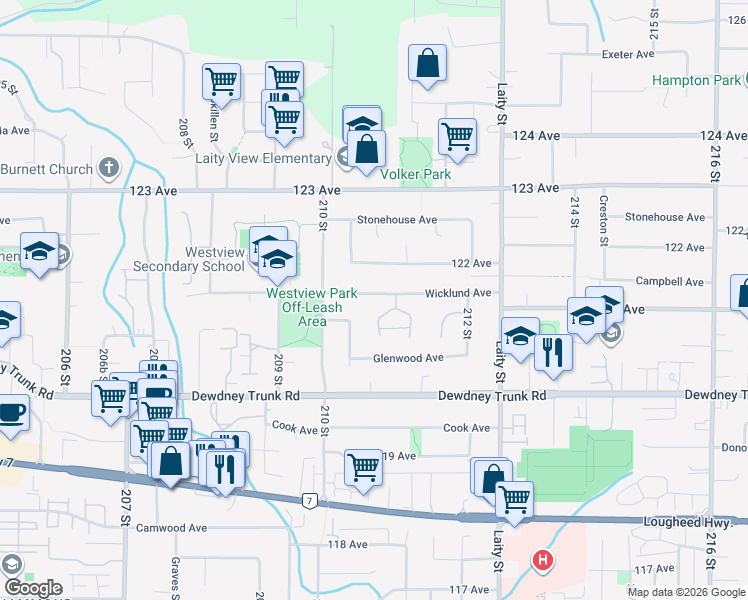map of restaurants, bars, coffee shops, grocery stores, and more near 21092 Wicklund Avenue in Maple Ridge