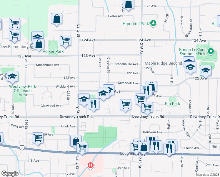 map of restaurants, bars, coffee shops, grocery stores, and more near in Maple Ridge