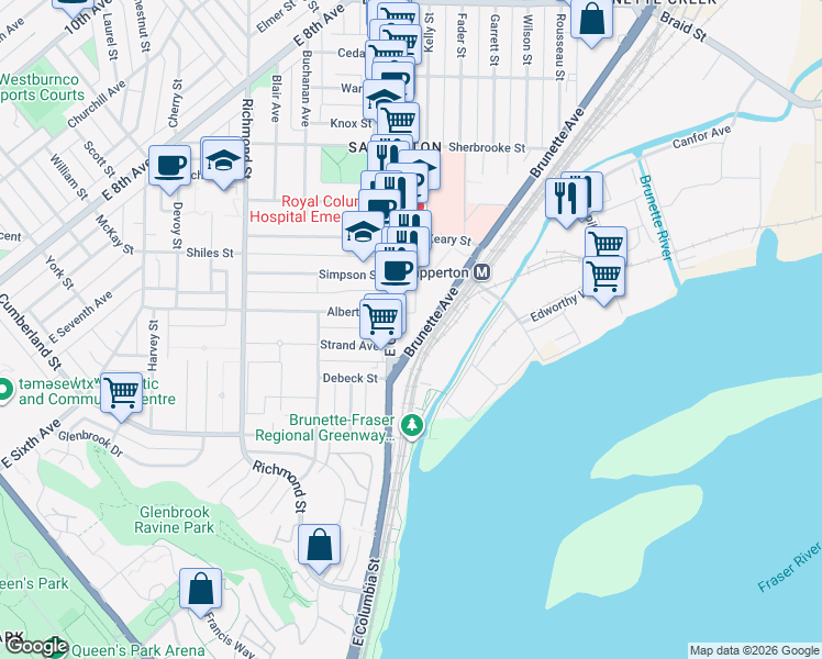 map of restaurants, bars, coffee shops, grocery stores, and more near 200 Nelson's Crescent in New Westminster