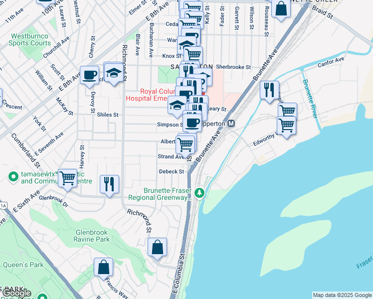 map of restaurants, bars, coffee shops, grocery stores, and more near 131 East Columbia Street in New Westminster