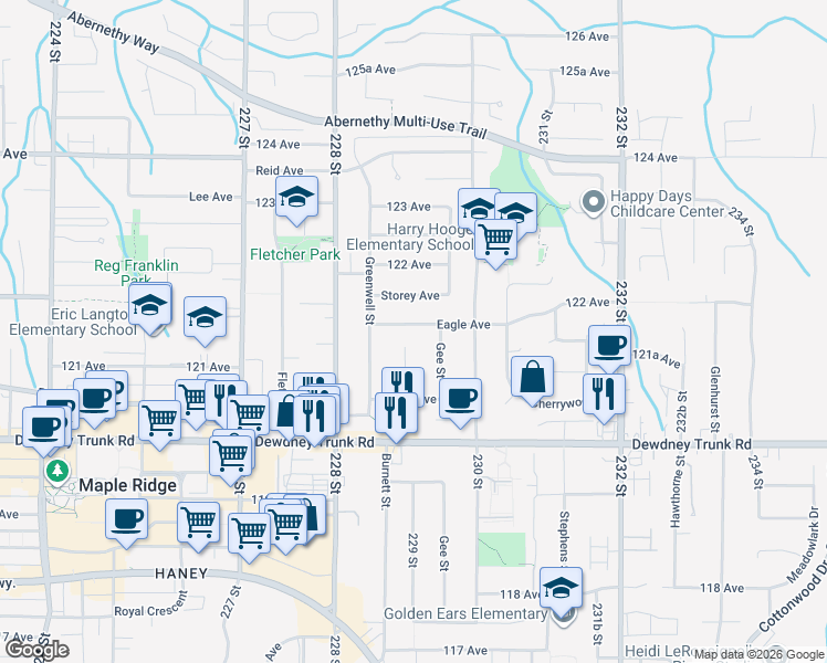 map of restaurants, bars, coffee shops, grocery stores, and more near 22918 Eagle Avenue in Maple Ridge